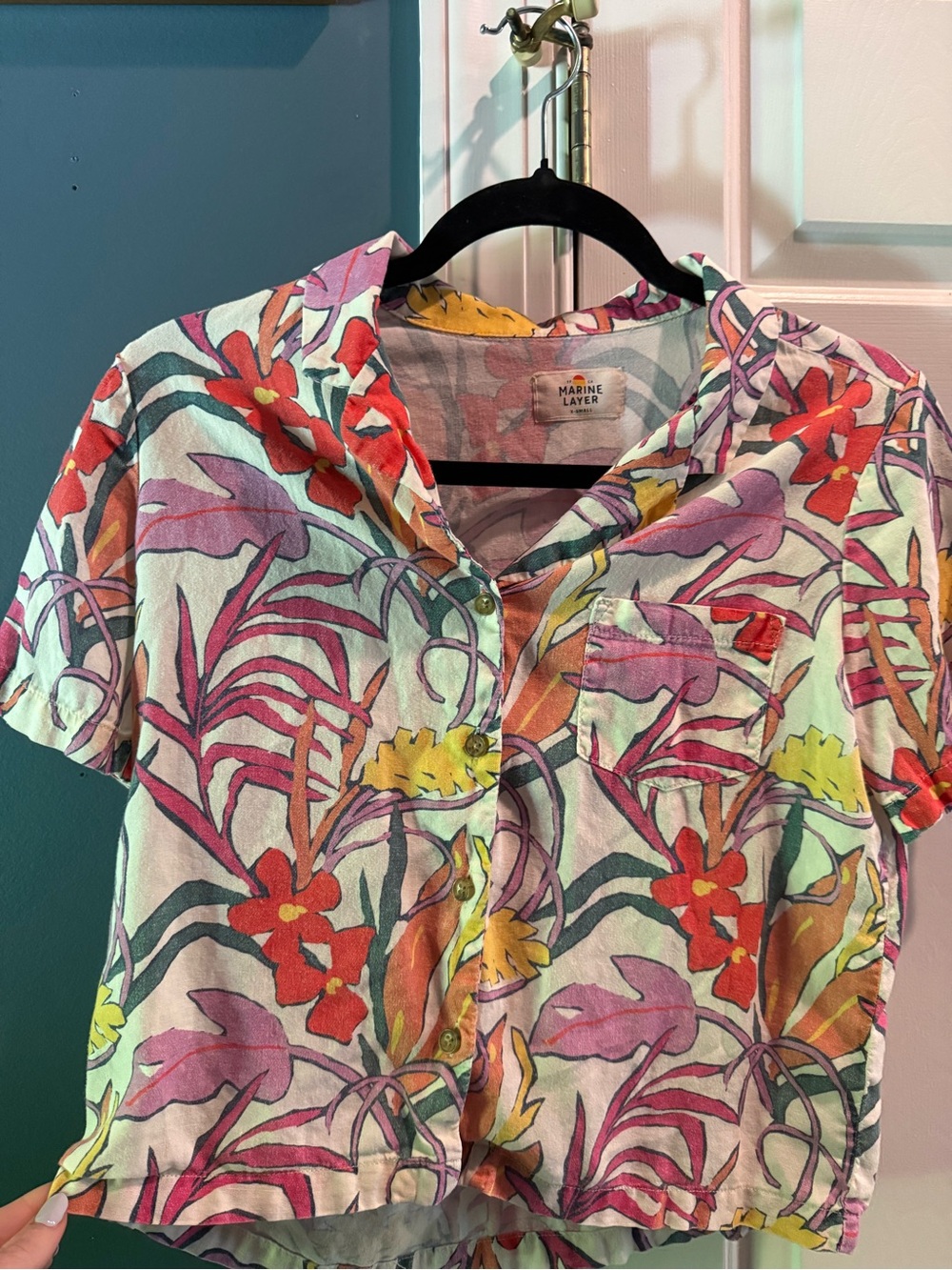 Marine Layer Short-Sleeve Floral Button-Down Shirt in Red, Pink, Yellow, Green